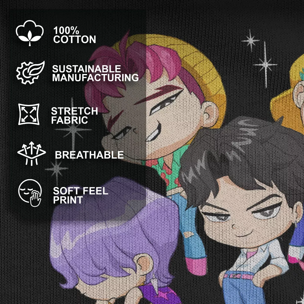 Детская футболка с принтом Saja Boys Chibi Group KPop Demon Hunters, Black — фото 4