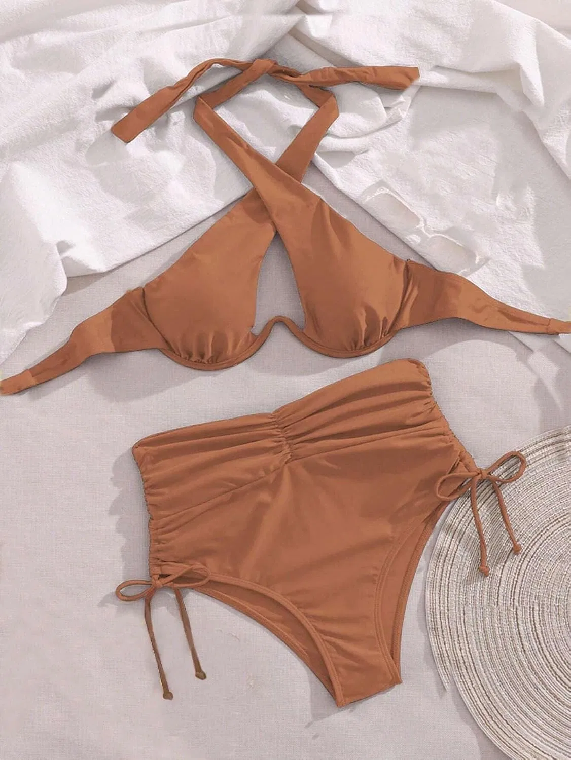 Женский бикини-сет с завышенной талией, завязками на спине, Halter, Brown — фото 4