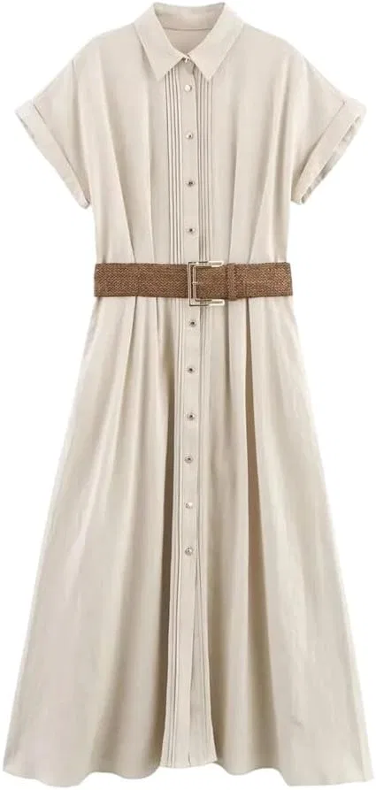 Женское платье-рубашка миди с поясом Casual, Beige