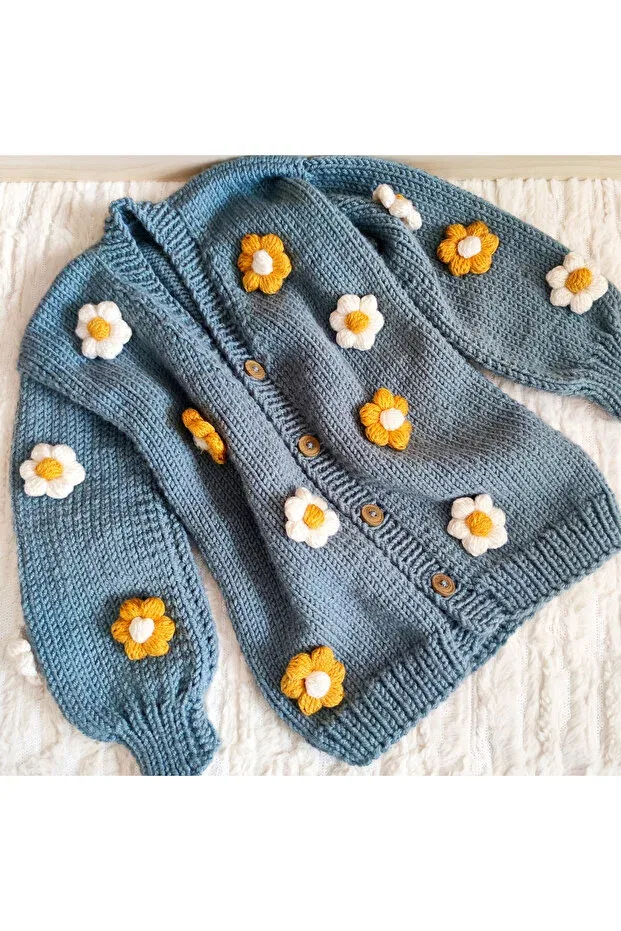 Детский кардиган для девочек хлопковый Hand Knitted Daisy Motif Pamuk Atölye, Blue