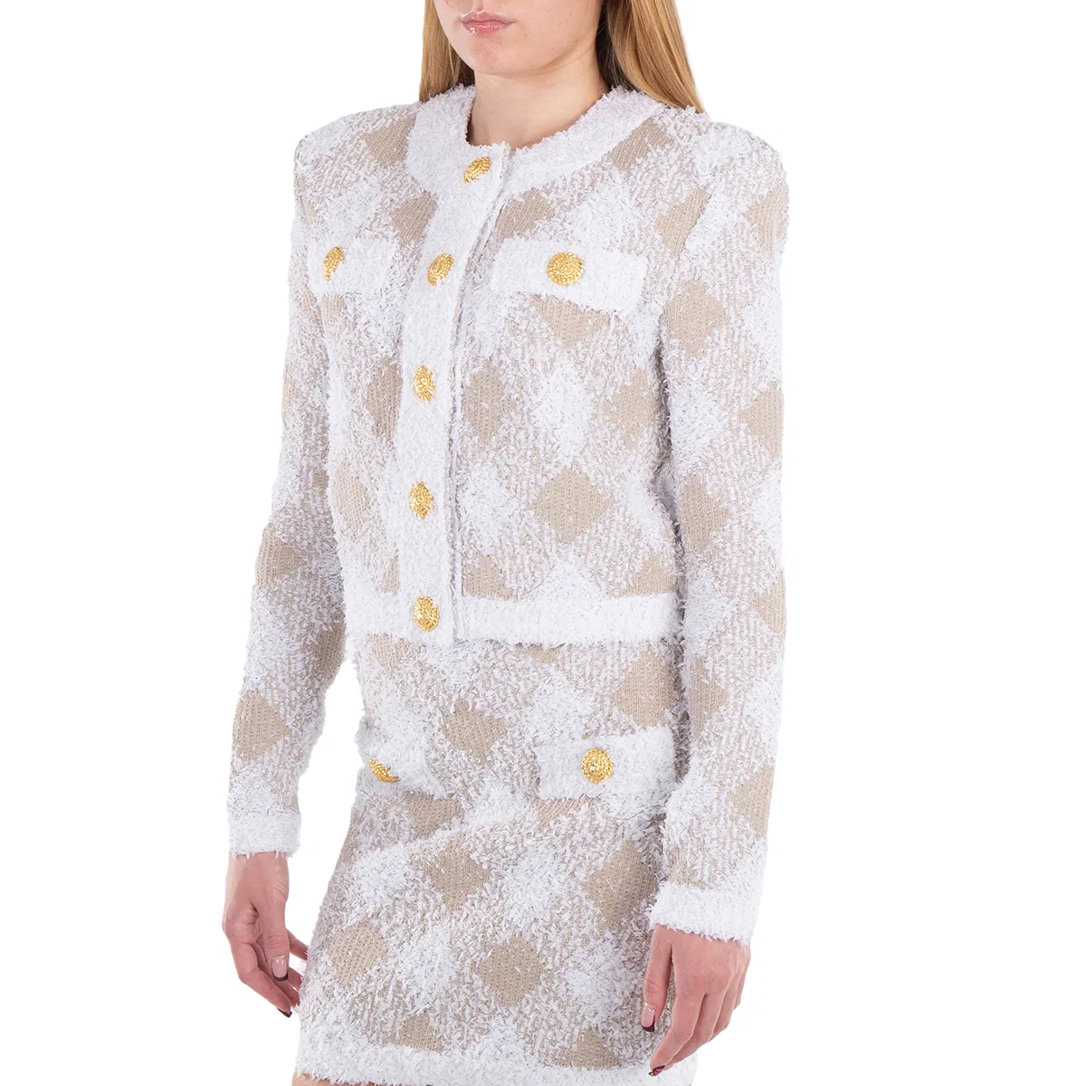 Жакет твидовый с принтом Check Pattern Tweed Jacket Balmain, Blanc/ Beige — фото 2