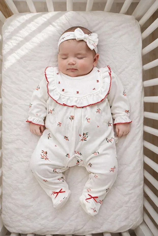 Детский комбинезон для девочек с цветочным принтом Kokina Floral Organic Jumpsuit and Bandana Mert Baby, White