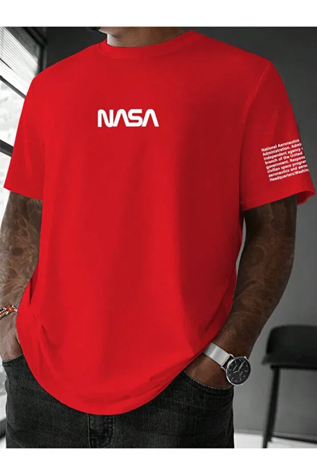 Детская футболка с принтом Unisex Men/Women Nasa Special Printed Oversize Cotton Crew Neck T-Shirt Revasser, Red