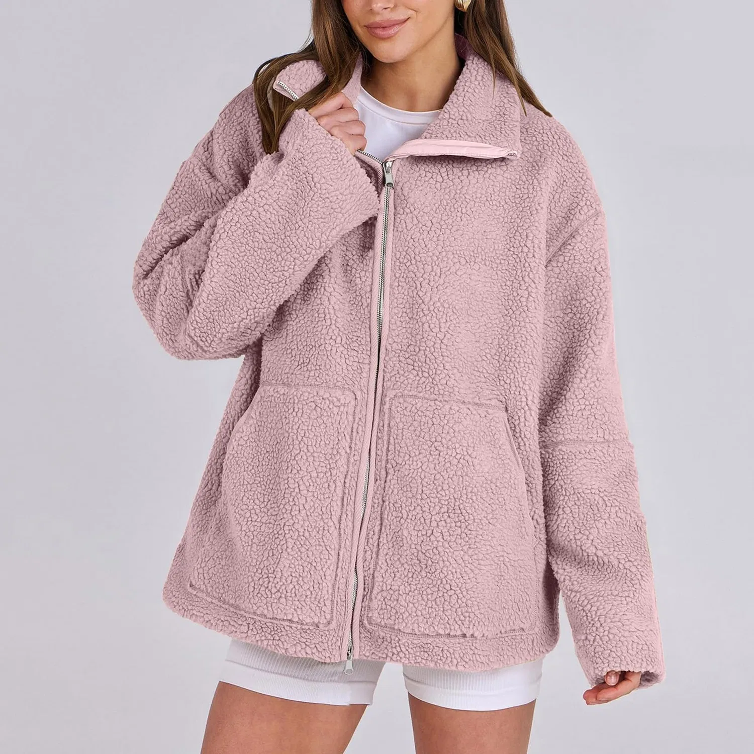 Женское утепленное пальто с флисовой подкладкой и молнией, rosa — фото 4
