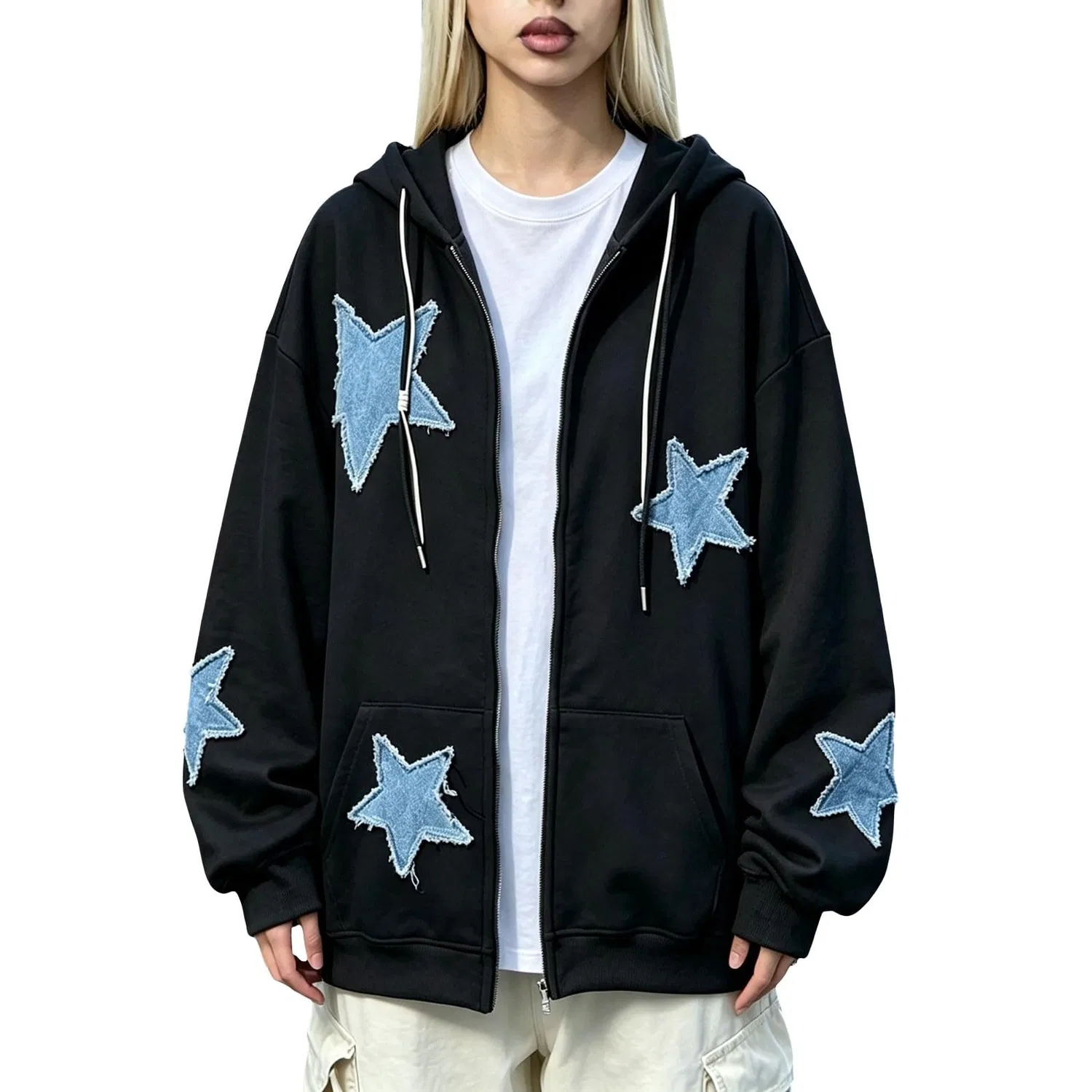 Женская куртка с капюшоном и молнией Y2k Star Patchwork, 2-nero