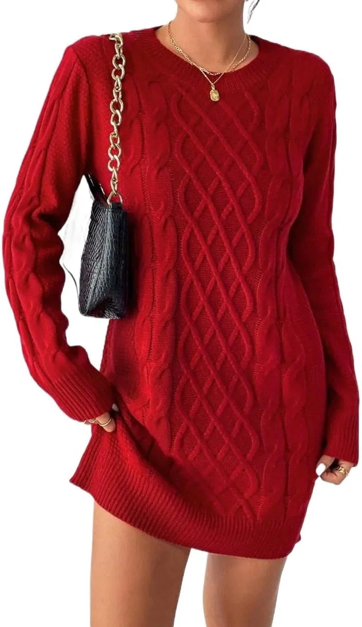 Женское короткое вязаное платье с круглым вырезом, Red