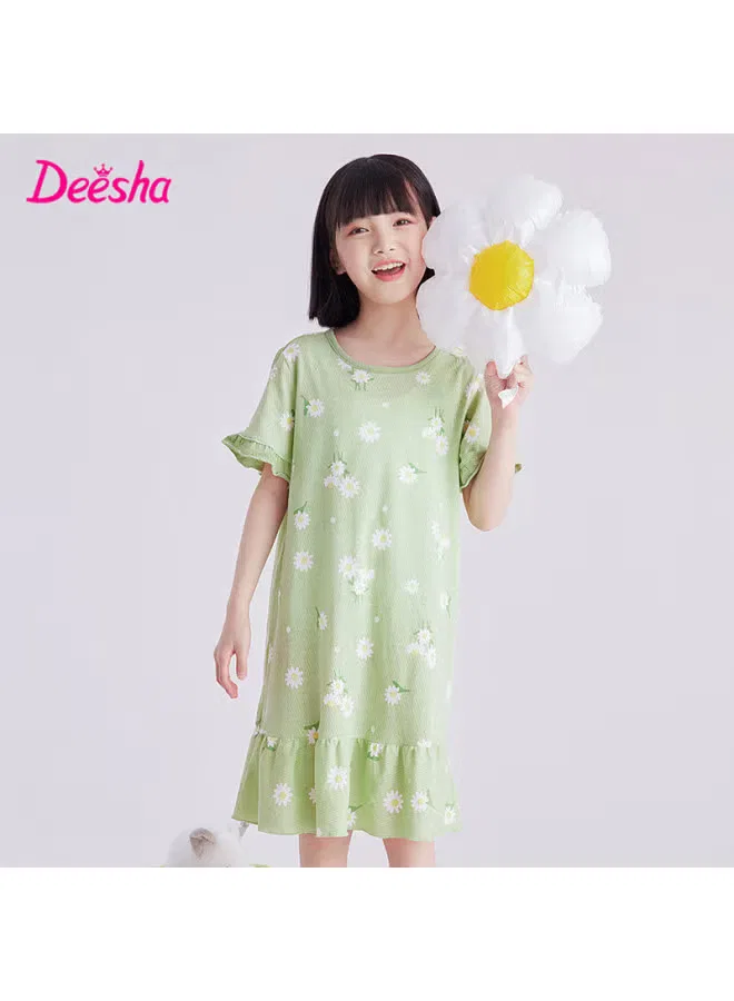 Ночная сорочка с принтом из хлопка для девочки, Deesha, зеленый