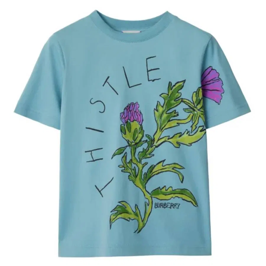 Футболка хлопковая с принтом Girls Thistle Cotton Burberry, Light Mallard