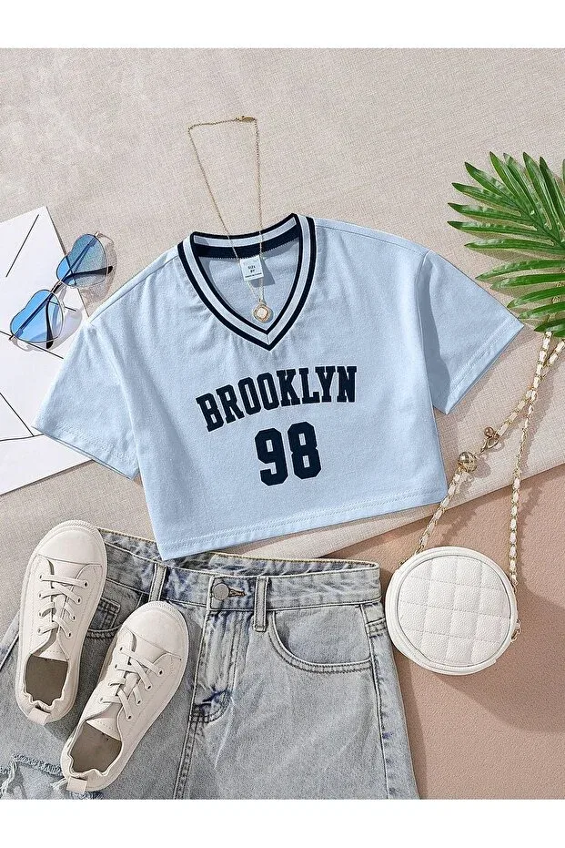 Детская футболка для девочек с принтом Crop Brooklyn V-Neck Printed T-Shirt Lepold, Lightblue
