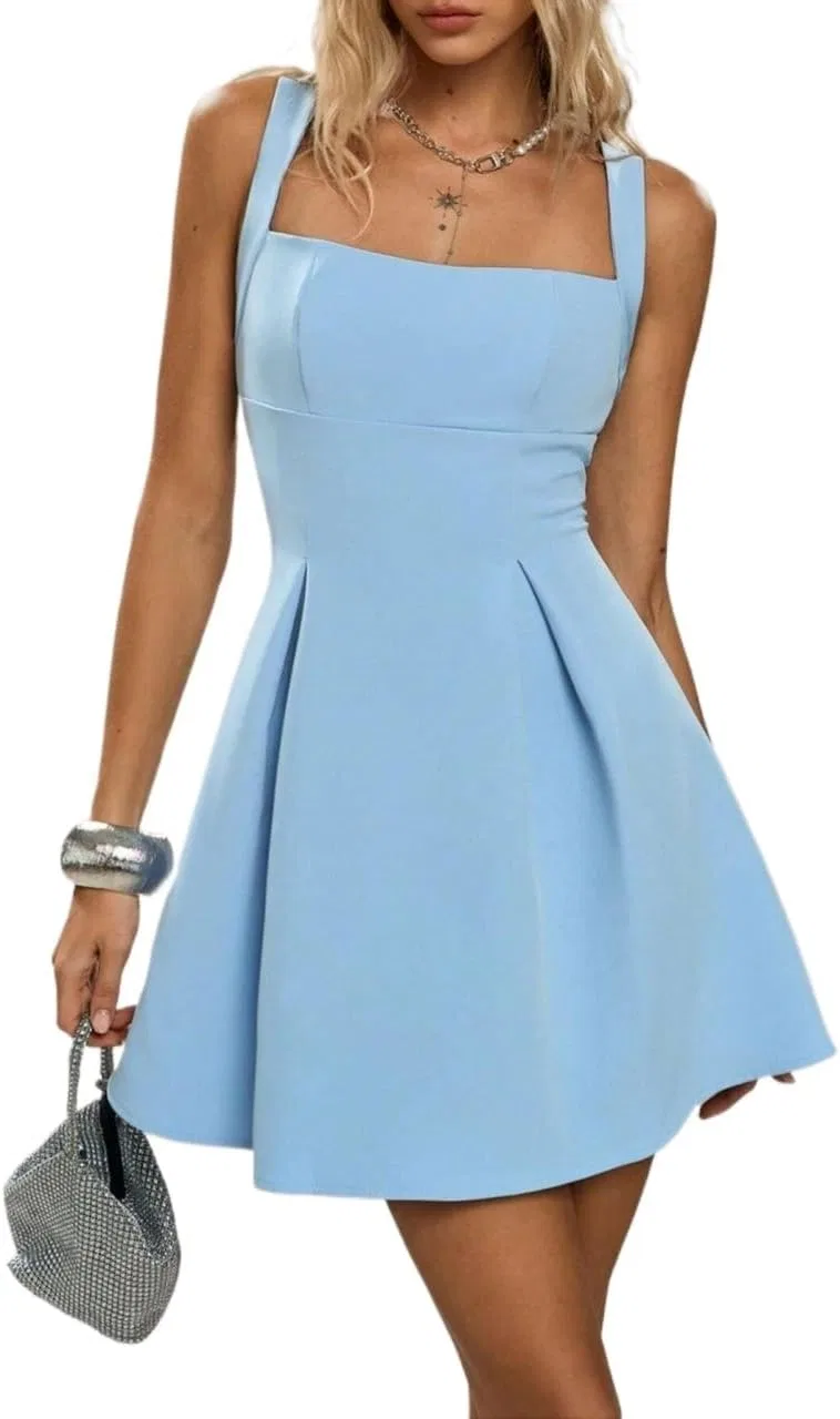 Женское повседневное платье A-силуэта с открытой спиной, короткое, Square Neck, High Waist, Blue