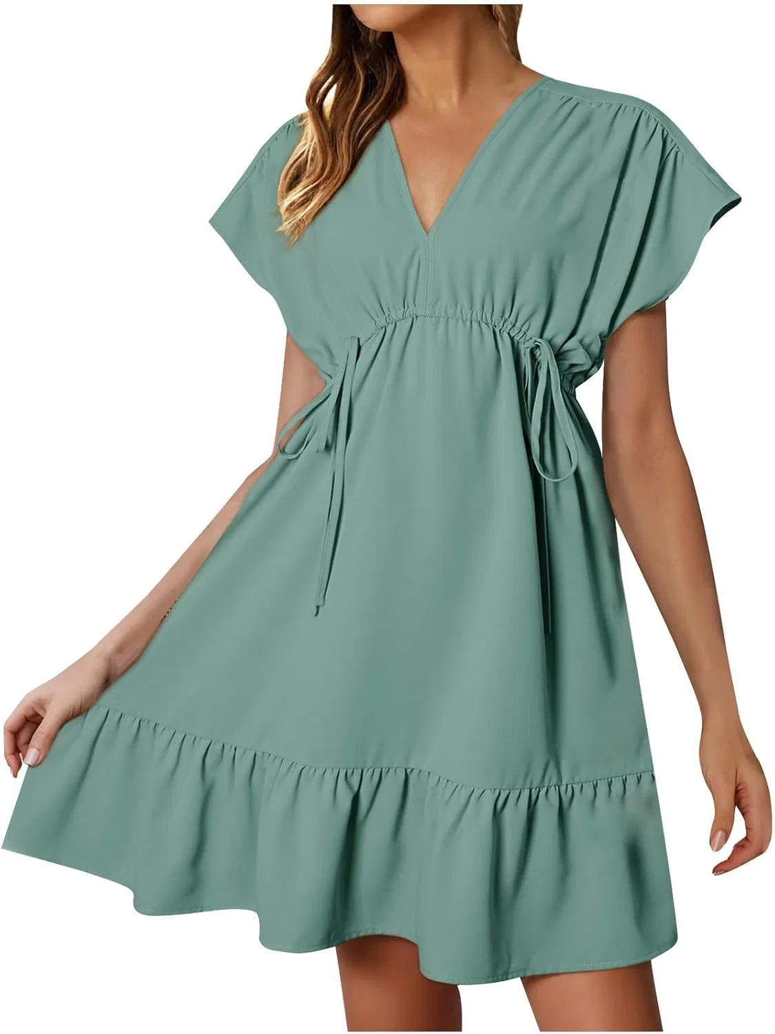 Женское летнее платье миди с V-образным вырезом и эластичной талией, Mint Green
