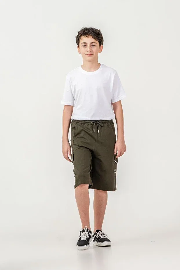 Детские шорты для мальчиков с принтом Double Cargo Pockets Pocket Covers Reflective Mışıl Kids, Khaki