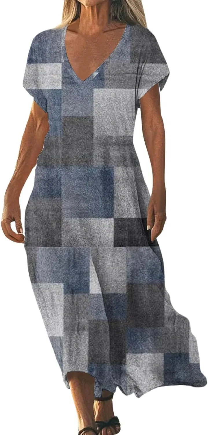Женское летнее платье макси V-образным вырезом Cotton Linen, Gray