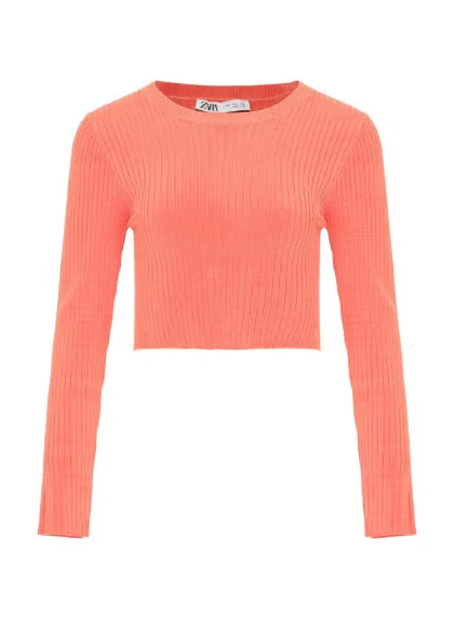 Свитер с коротким рукавом утягивающий талию Zara, ярко-коралловый
