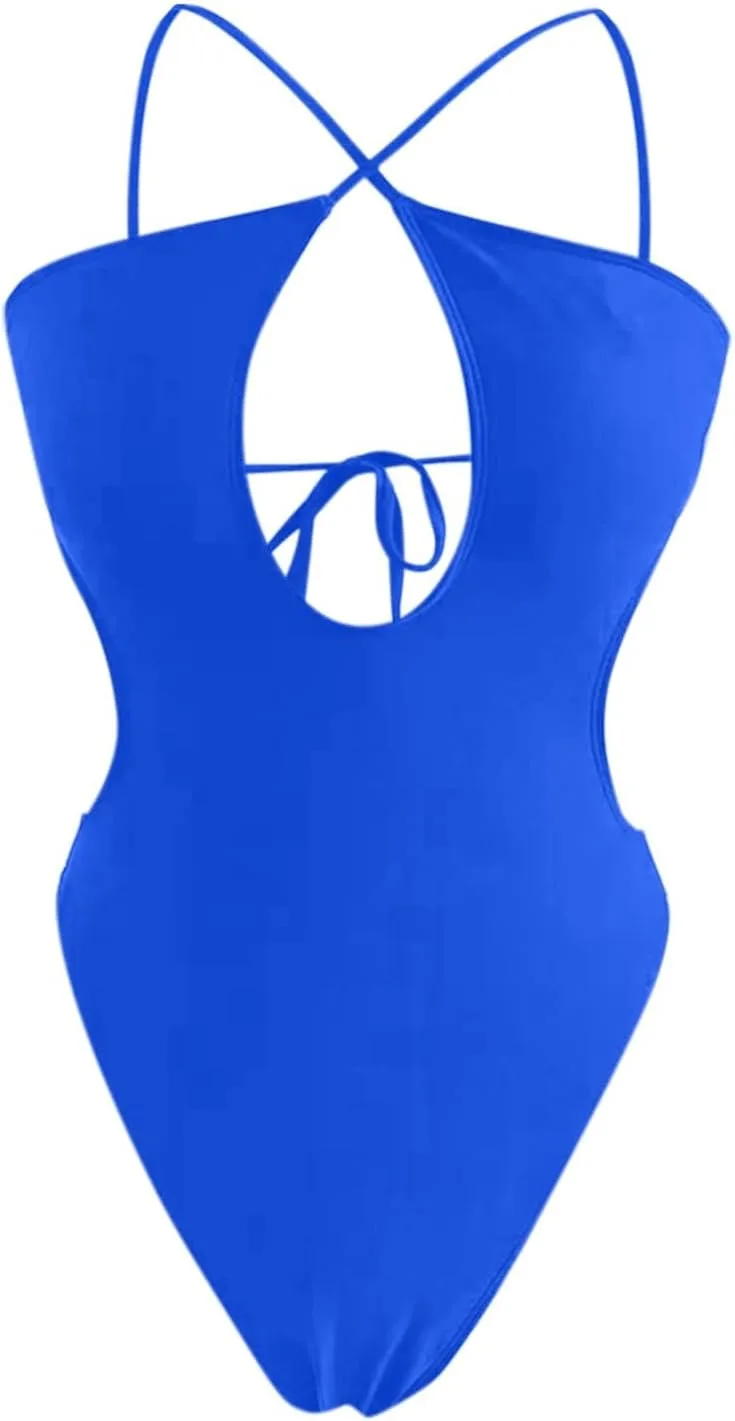 Цельный купальник для женщин, корректирующий фигуру, с перекрещивающимися бретелями через шею, вырезами на спине, без спинки, сексуальный купальник Generic, синий — фото 3