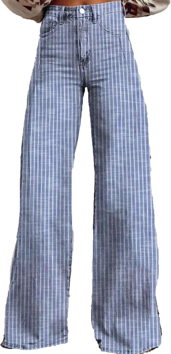 Джинсы с полосками, Women's Wide Leg Jeans Striped Print Mid-Rise Baggy Casual Trousers Side Pleated Pockets, Blue