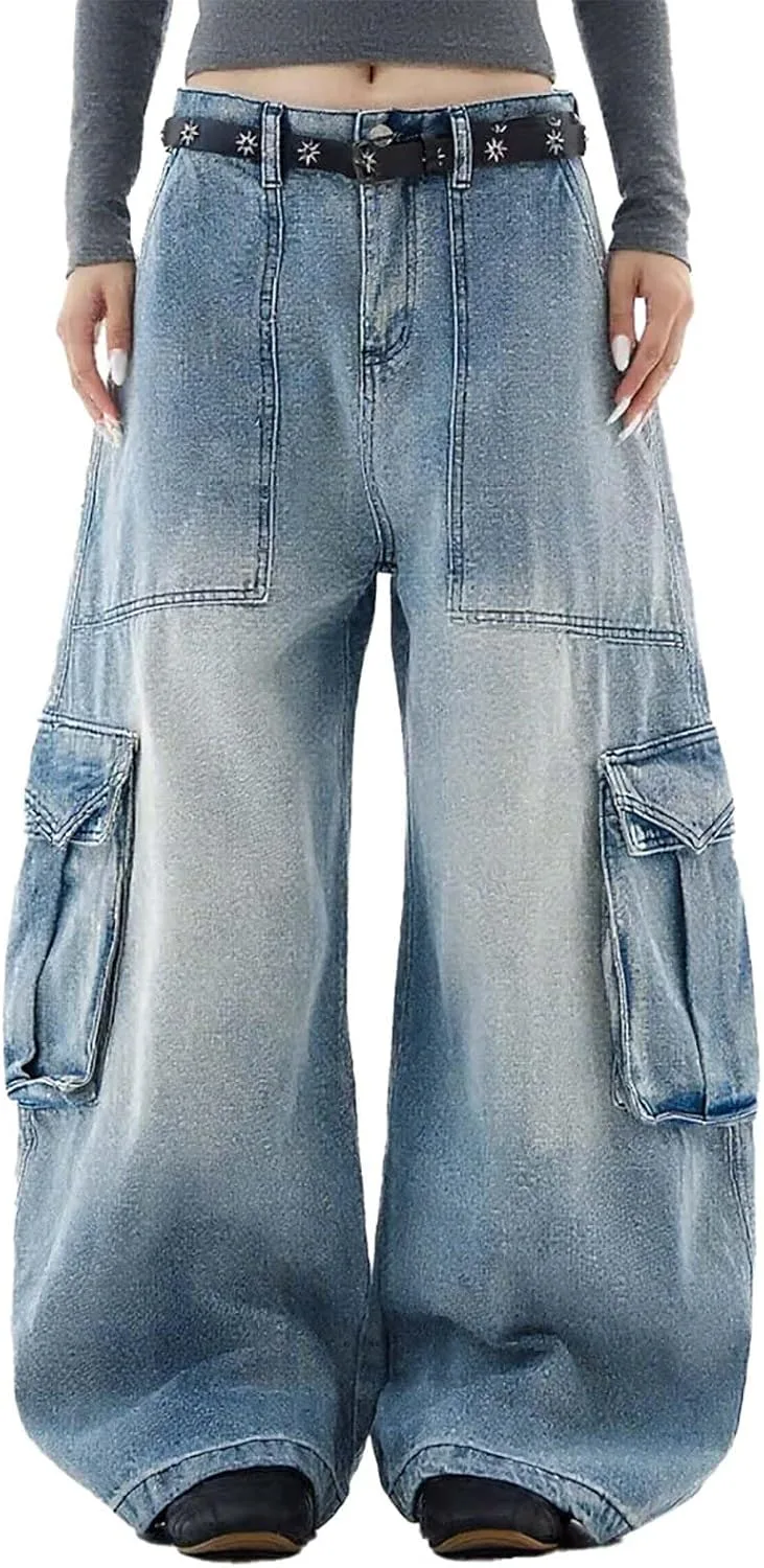 

Багги карго джинсы для женщин и мужчин Y2K с высокой талией и широкими штанинами jupkem