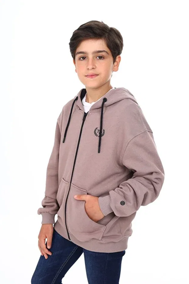 Детский кардиган с капюшоном Bitter brown boy's hooded zippered pockets low shoulder printed knitted cardigan - 3 thread without shardon Toontoy, Bitter Coffee — фото 2