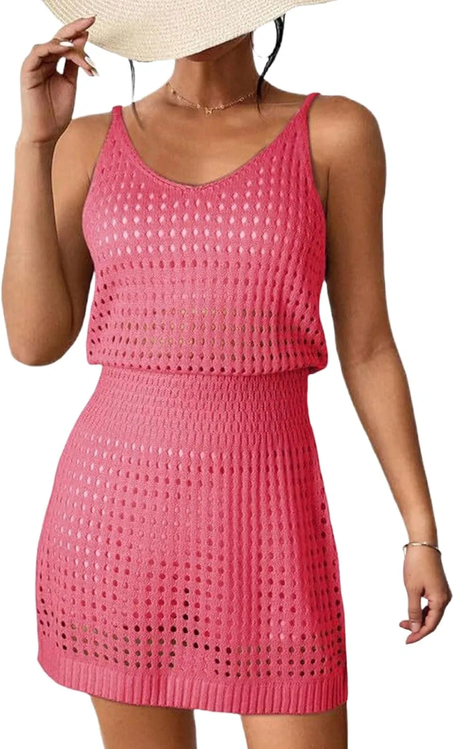 Женское вязаное пляжное платье на бретелях, Dark Pink