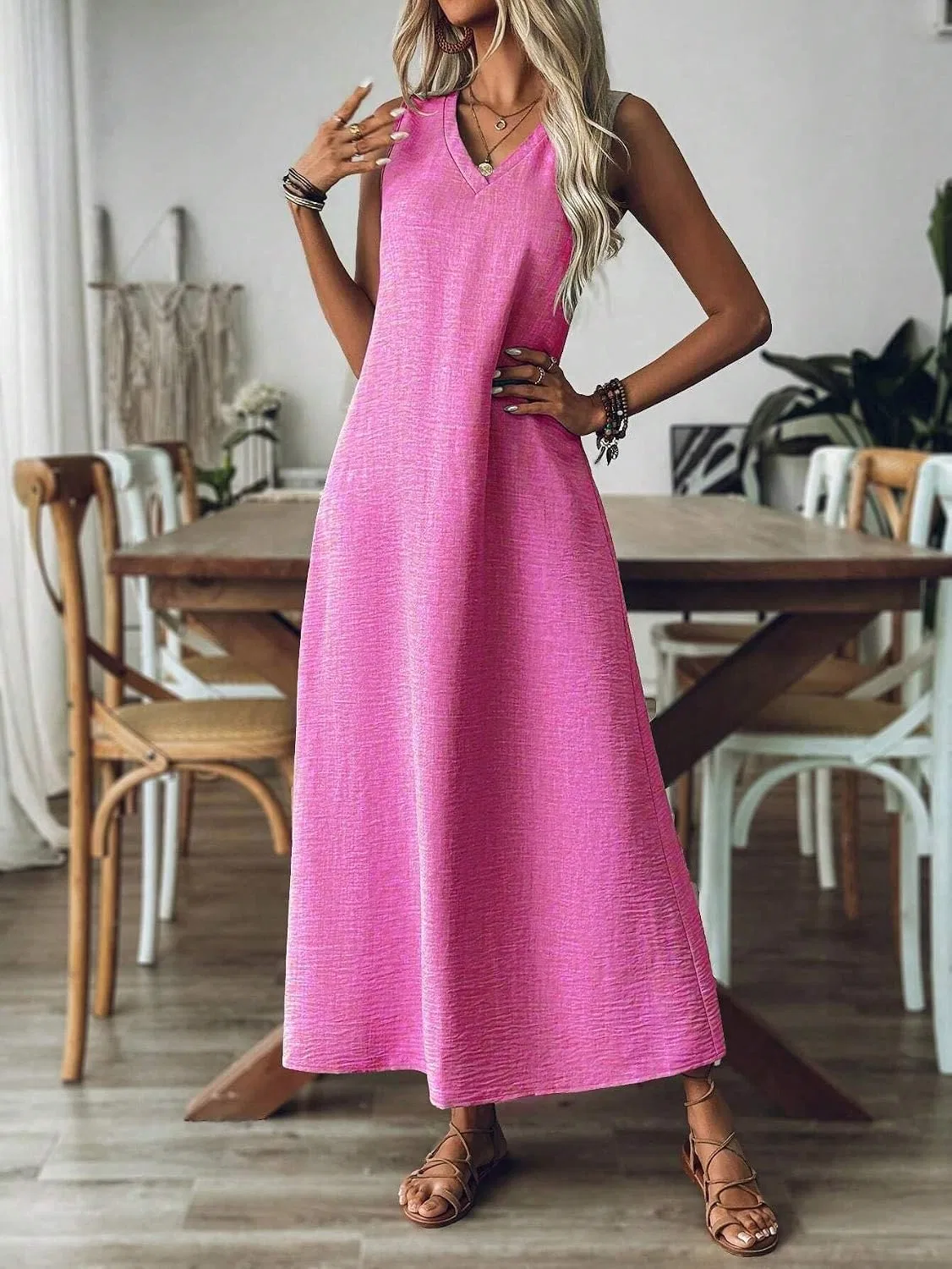 Женское повседневное платье-туника без рукавов с пуговицами Hot Pink — фото 4