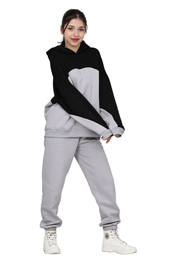 Детский спортивный костюм для девочек оверсайз из начеса Erdem Kids, Gray-Black — фото 4