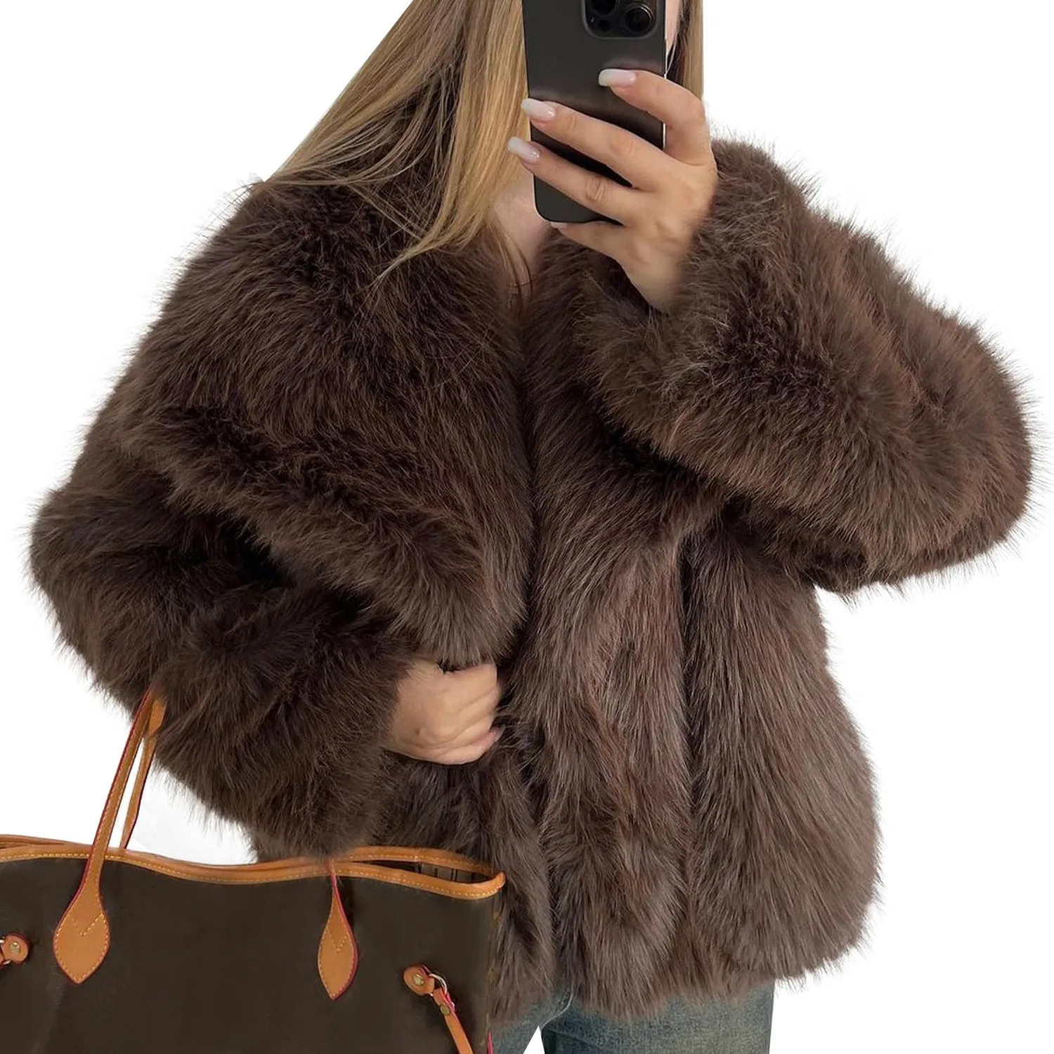 Женское зимнее пальто с длинным рукавом и меховым воротником, brown