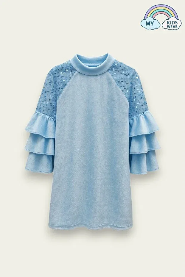 Детское платье для девочек из велюра с длинным рукавом My Kids Wear, Ice Blue — фото 3