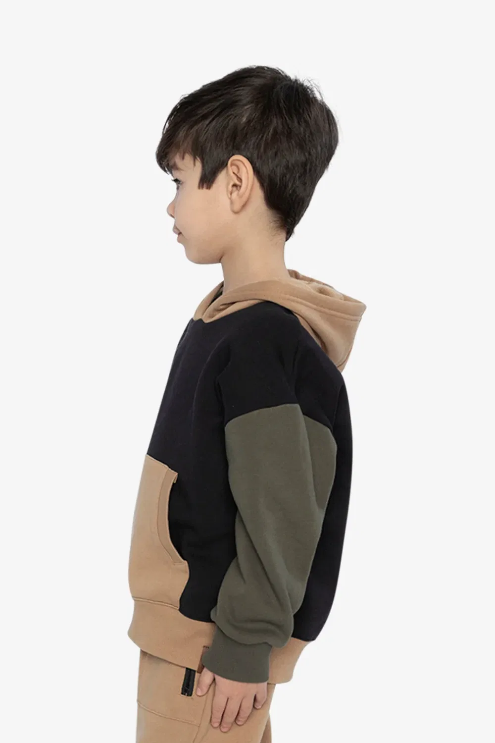 Детская кардиган-куртка на молнии с капюшоном и цветными блоками Deux par Deux, Black Green and Beige — фото 3