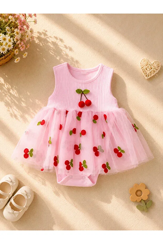 Детское платье из фатина без рукавов Cherry Pattern Nayinom, Pink