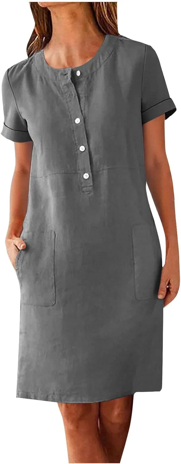 Женское летнее платье с коротким рукавом и пуговицами, Dark Gray-1