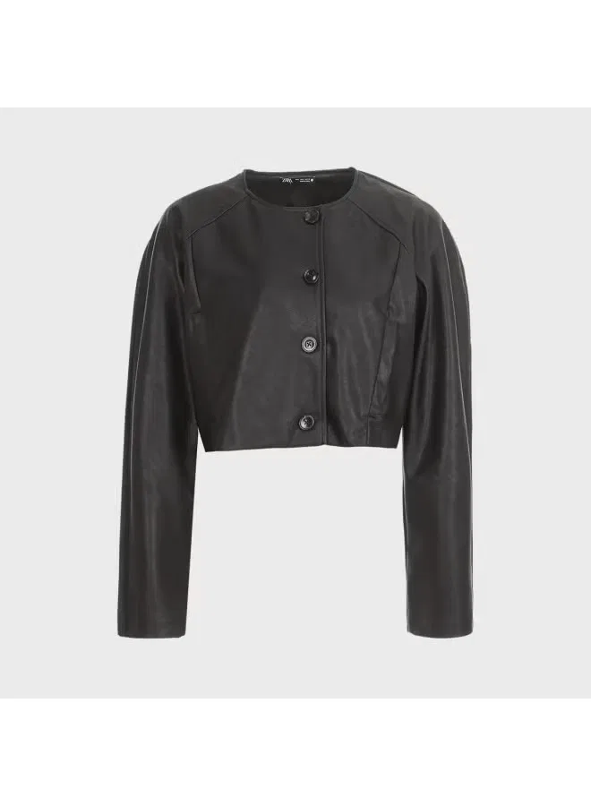 Куртка кожаная с подплечниками Zara, черный — фото 2