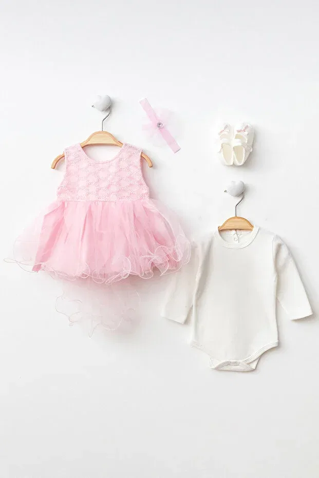Детское платье для девочек с коротким рукавом Pompom baby girl newborn gift mevlüt dress Petite Ponpon Baby, Pink — фото 2