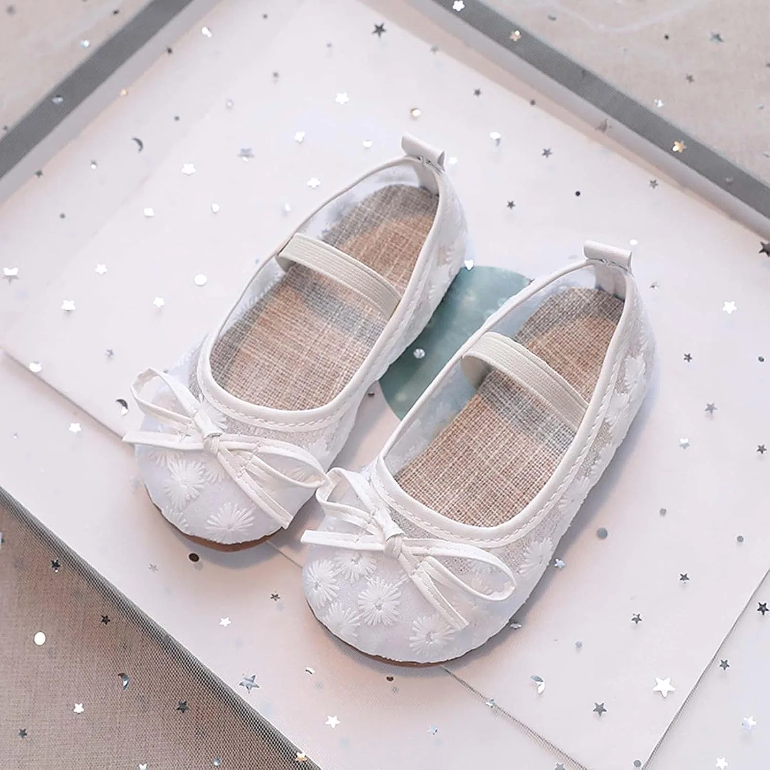 Детские балетки для девочек с вышивкой и бантом Lace Flats for Girls, White — фото 3