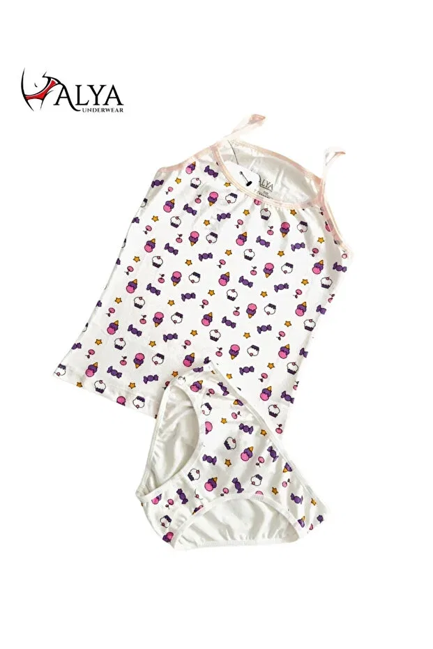 Детский комплект для девочек с принтом Girls Printed Rope Strap Tank Top And Slip Set Alya Underwear, Ice Cream Printed