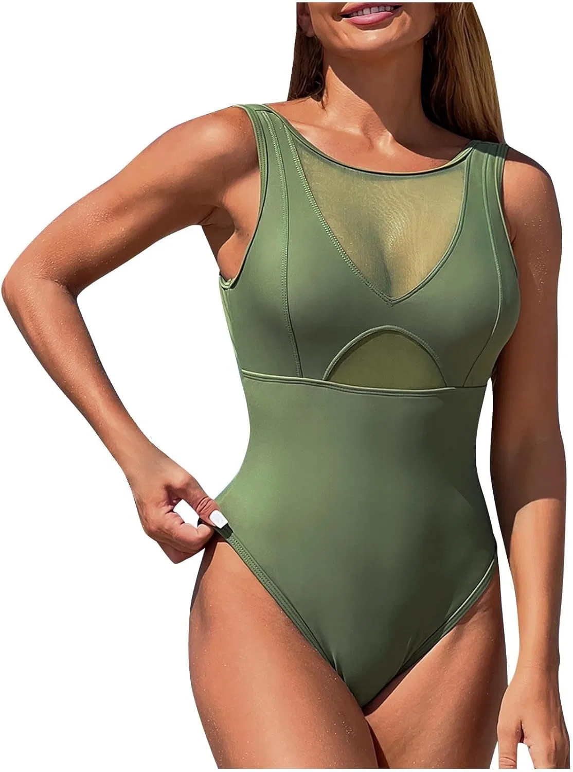 Женский слитный купальник с высокой талией mesh, Army Green