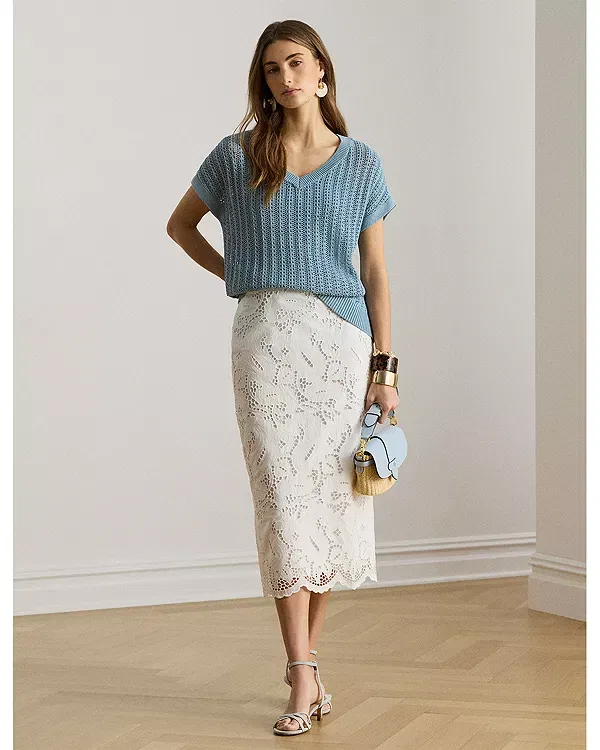 Женская юбка с вышивкой Paisley Eyelet Midi Pencil Skirt Ralph Lauren, белый — фото 2