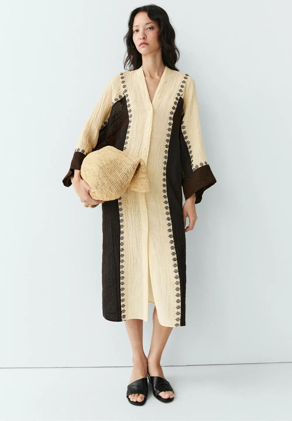 Платье-Кафтан из смесовой льняной ткани с вышивкой - платье-рубашка Massimo Dutti, Dark Brown