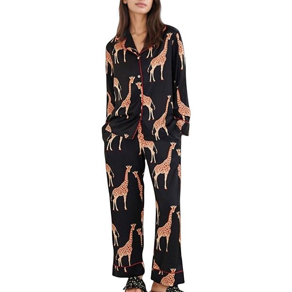 

Женский пижамный комплект с принтом жирафа, топ на пуговицах с длинным рукавом и брюки свободного кроя Anna-Kaci