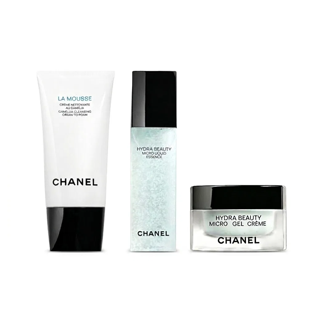 Женский набор для ухода за кожей с камелией CHANEL, 3 предмета, Cleansing Foam 150 мл + Hydrating Micro-Essence 150 мл + Nourishing Micro-Essence Gel Cream 50 г, CHANEL, Black