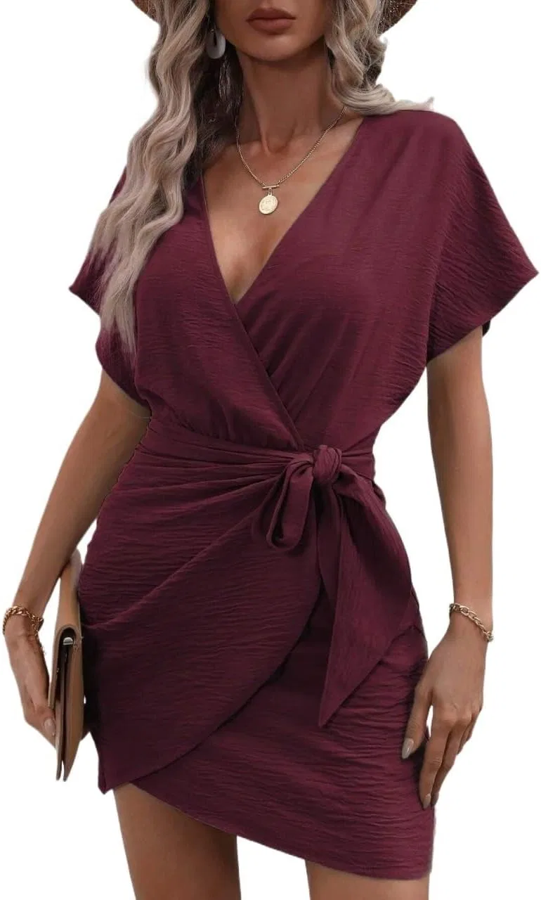 Женское короткое платье с запахом V-образным вырезом Casual, Burgundy
