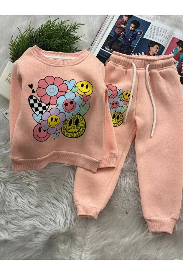 Детский спортивный комплект с цветочным и смайлик принтом Boniboom Kids, Pink