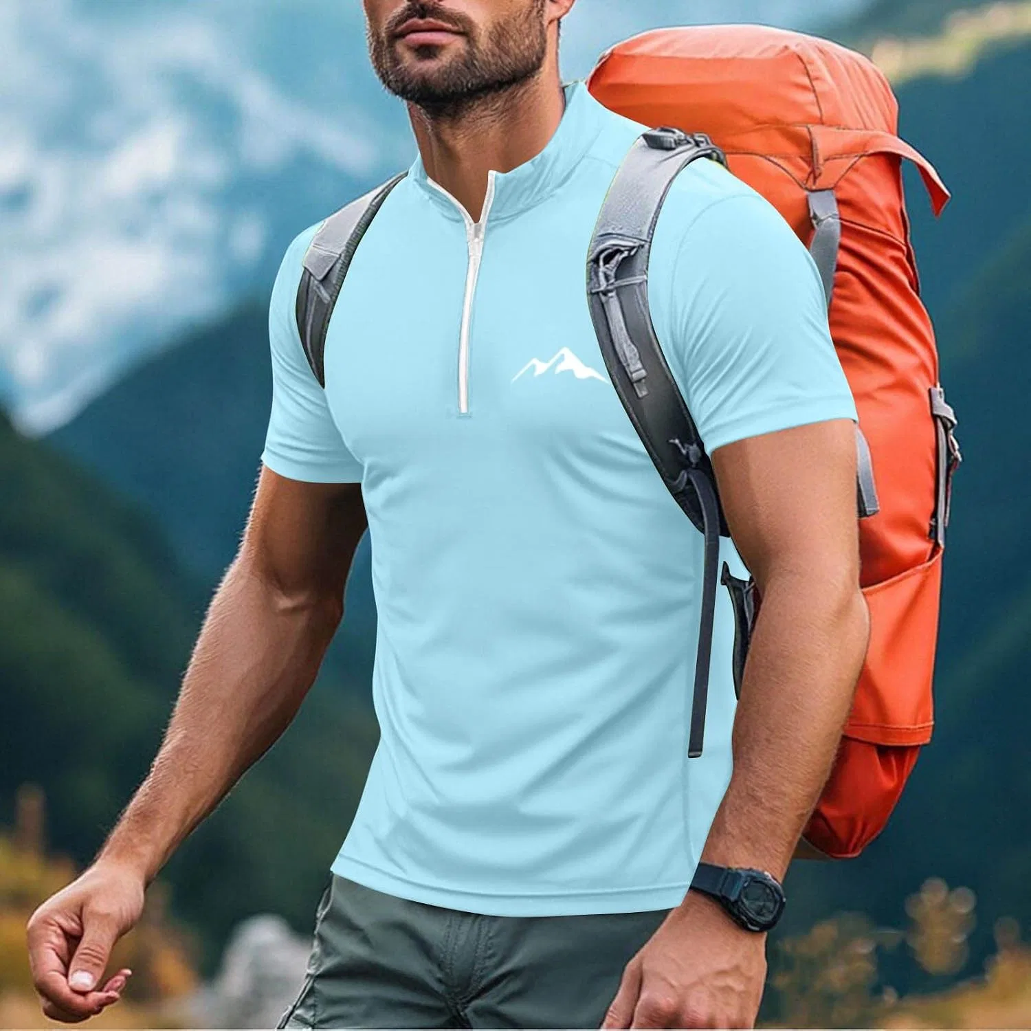 Мужская футболка с четверть-застежкой молнией и воротником-стойкой Athletic Slim Fit Golf T Shirts, Sky Blue — фото 3