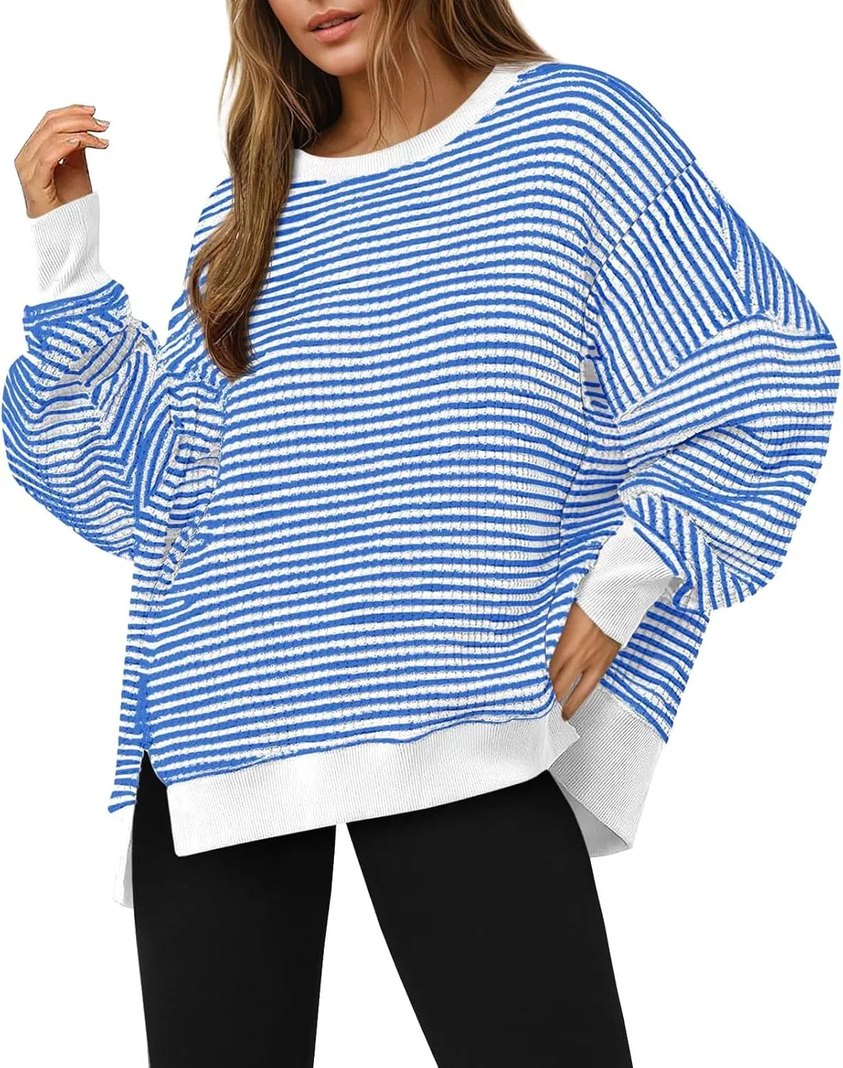 Женский свободный свитшот с принтом, модель Waffle Knit Long Sleeve Crewneck Loose Split Lightweight Fall Pullover Sweater, светло-синий