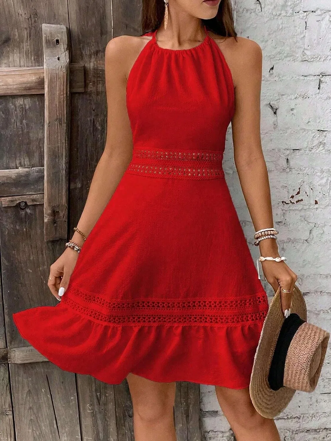 Женское кружевное пляжное платье-майка на завязках, Red — фото 3