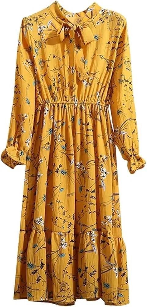 Женское платье в горошек с бантом Chiffon, Yellow