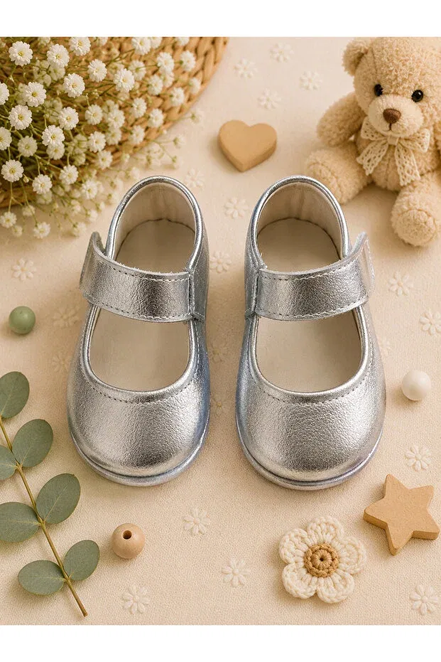 Детские пинетки для мальчиков и девочек 100% кожаные Basics My Baby Kumsal, Silver — фото 3