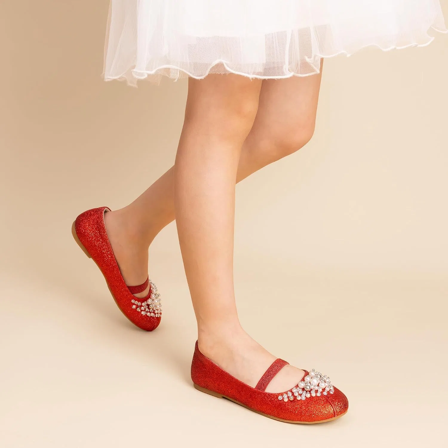 Детские балетки для девочек с цветочным принтом Mary Jane DREAM PAIRS, Red/Glitter — фото 2