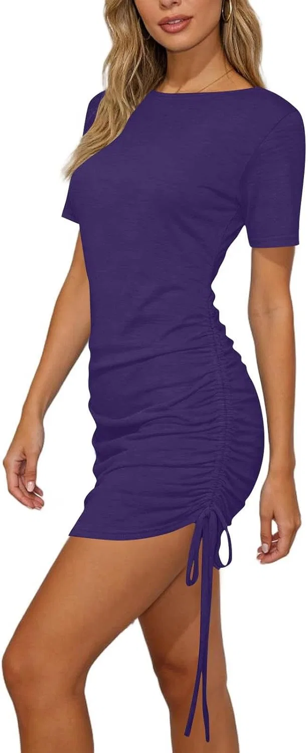 Женское мини-платье с коротким рукавом и драпировкой, Purple — фото 4