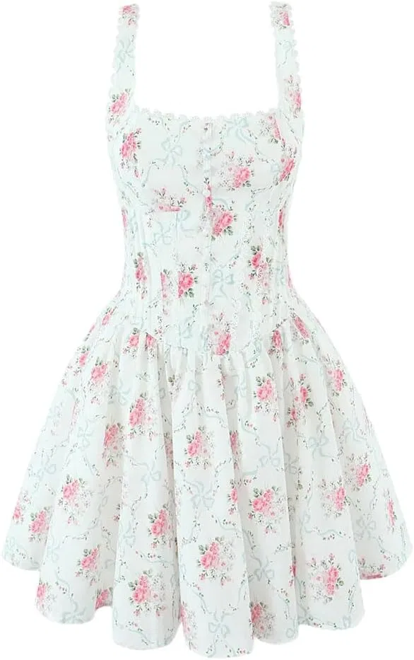 Женское мини-платье А-силуэта с квадратным вырезом, Solid Color Casual Simple Square Neck Lace Stitching Print High Waist A-Line, Black