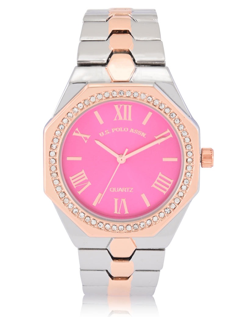 

Часы U.S. Polo Assn Ladies Two Tone Link With Pink Face, серебристый